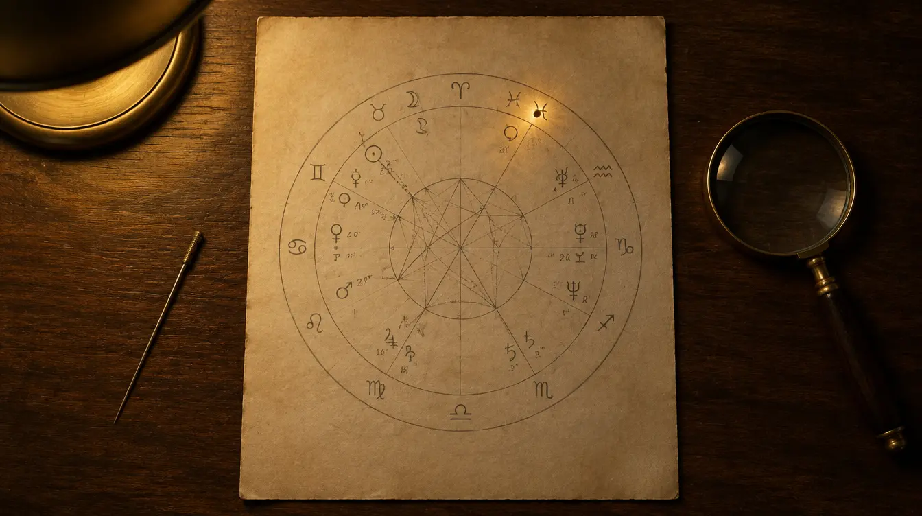 Un thème astral tracé au crayon sur papier ancien, dont un seul point est traversé par une lumière chaude, près d’une loupe et d’une aiguille