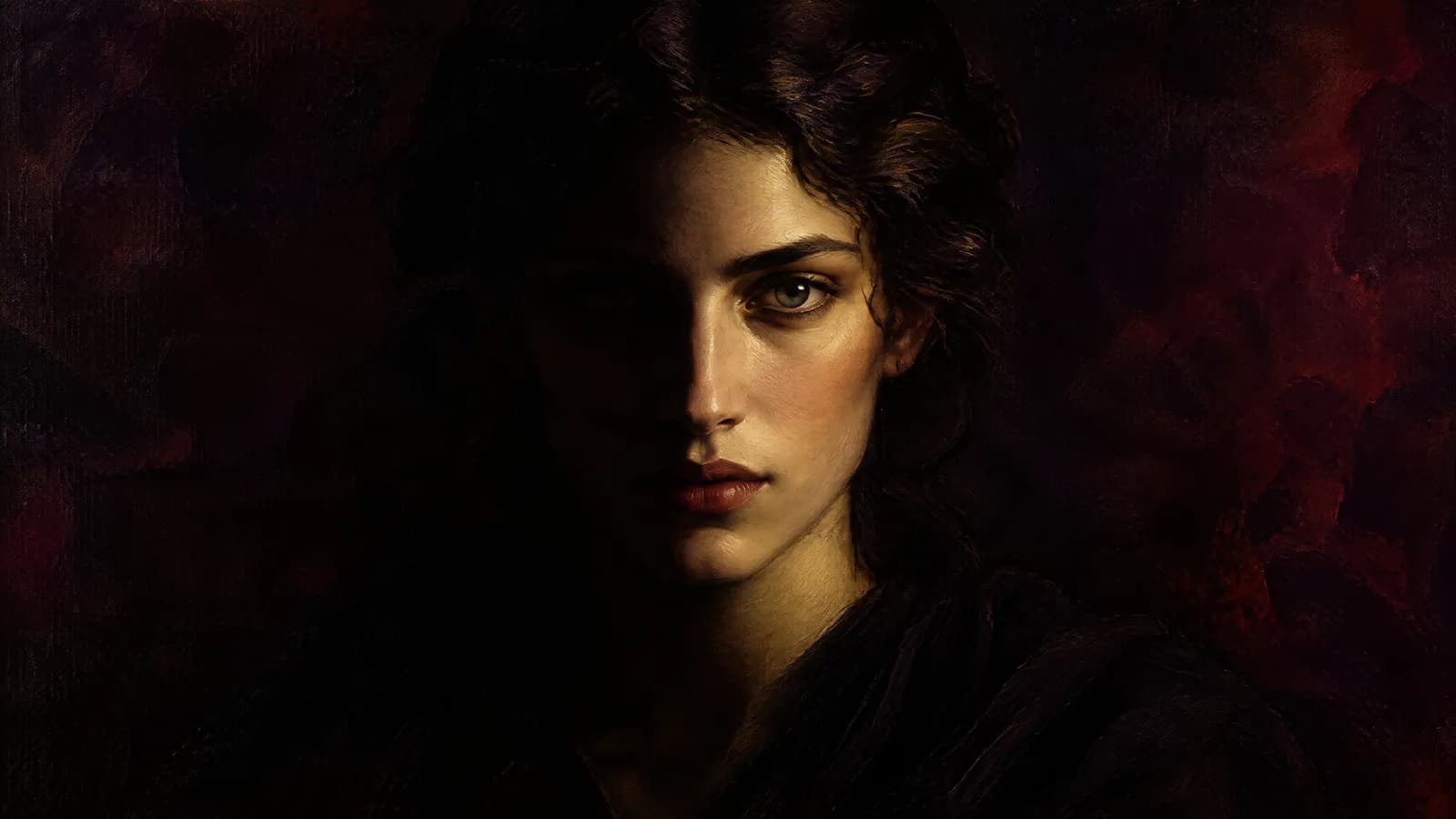 Un portrait en clair-obscur profond, la moitié du visage dans l’ombre, le regard droit et calme