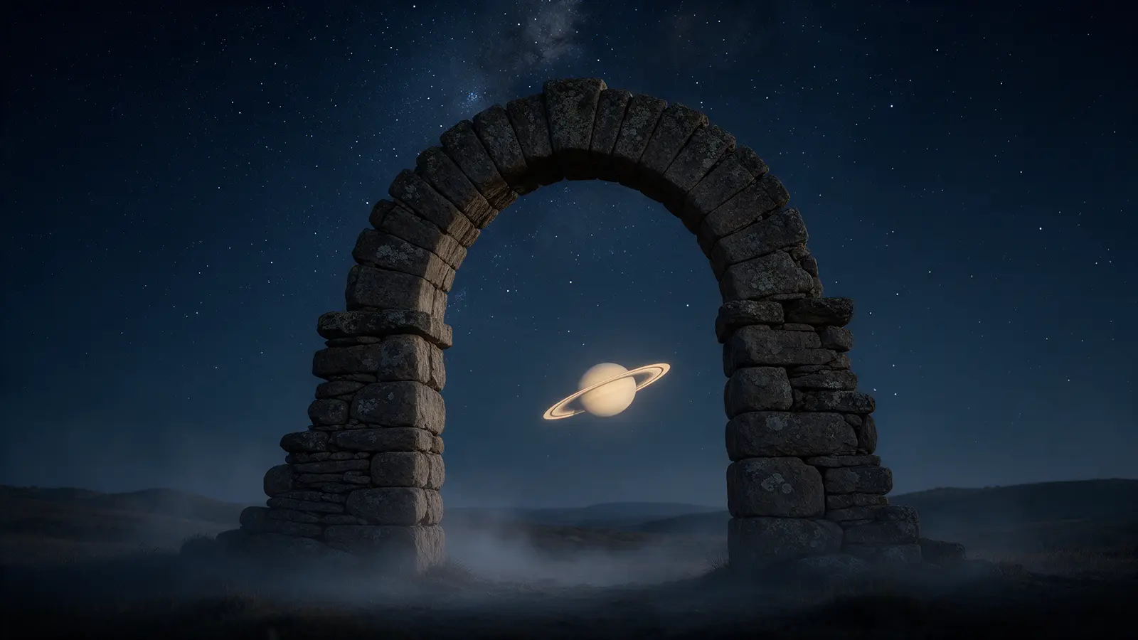 Une arche de pierre antique encore debout dans la nuit, sa clé de voûte en place, sous un ciel étoilé où brille Saturne
