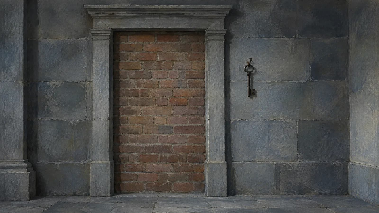 Une porte de pierre murée de l’intérieur, la maçonnerie neuve et soignée, une clé de fer pendue à son clou