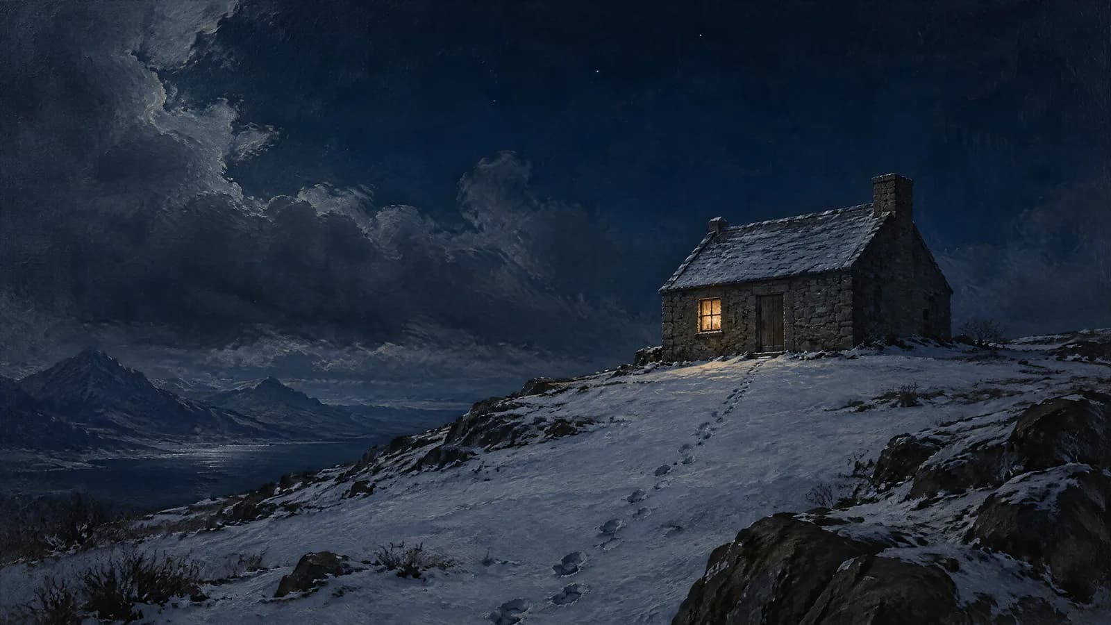 Une maison de pierre seule sur une colline enneigée la nuit, une seule fenêtre éclairée