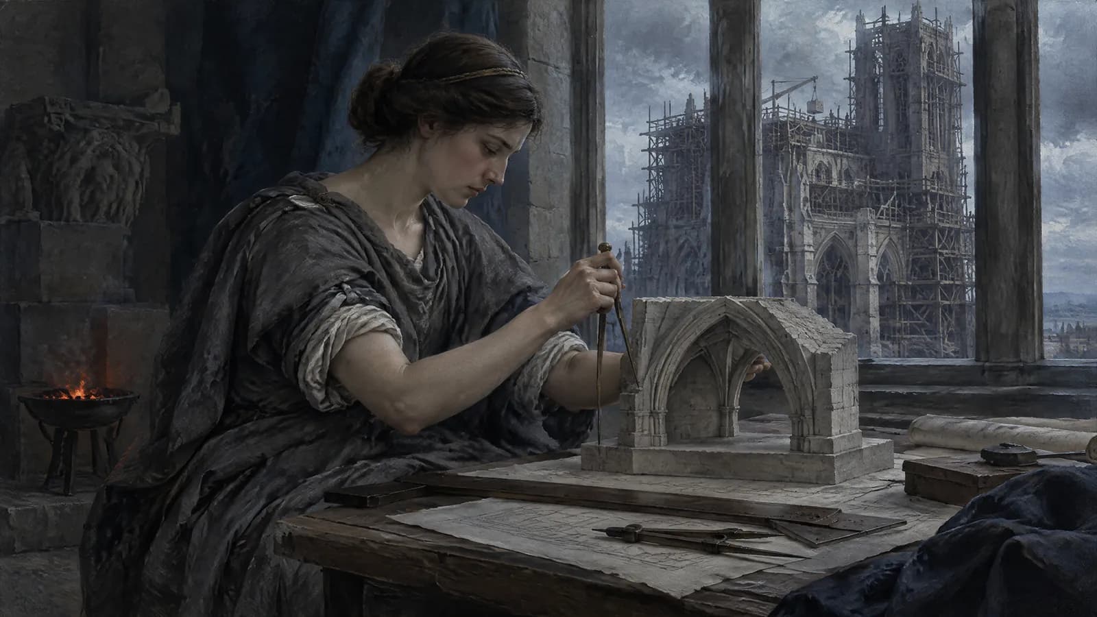 Une femme en laine grise mesurant une maquette de voûte sur sa table à dessin, devant une fenêtre