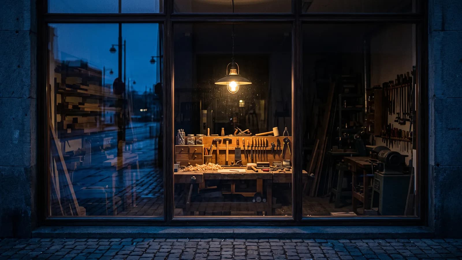 Trois outils d’artisan posés côte à côte, un seul saisi par la lumière