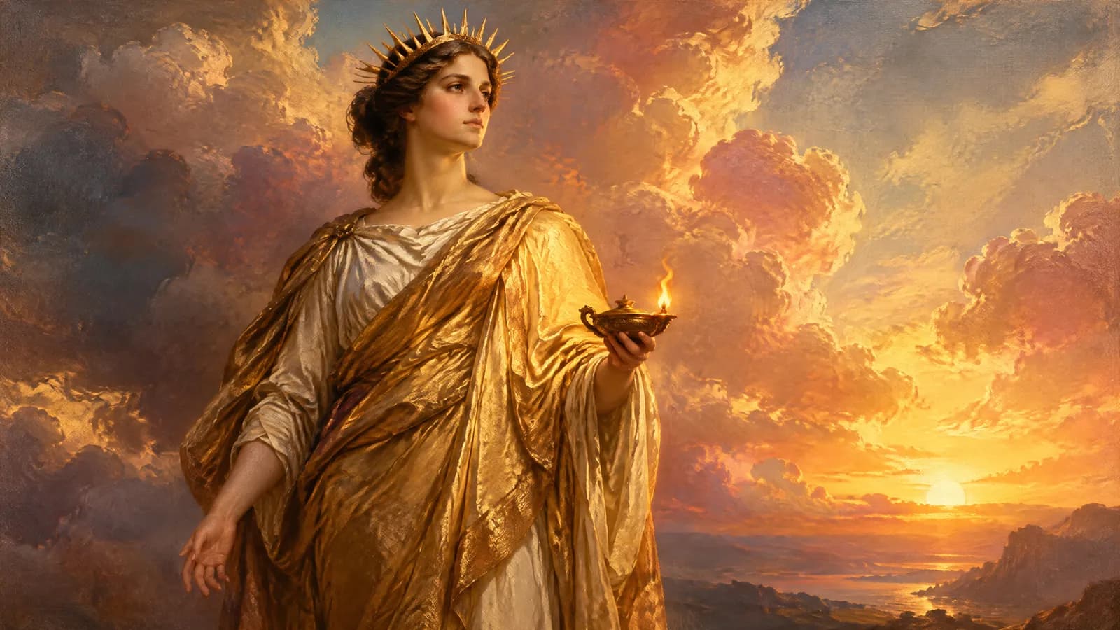 Une souveraine antique debout dans la lumière du soleil levant, drapée d’or, une couronne de rayons dans les cheveux