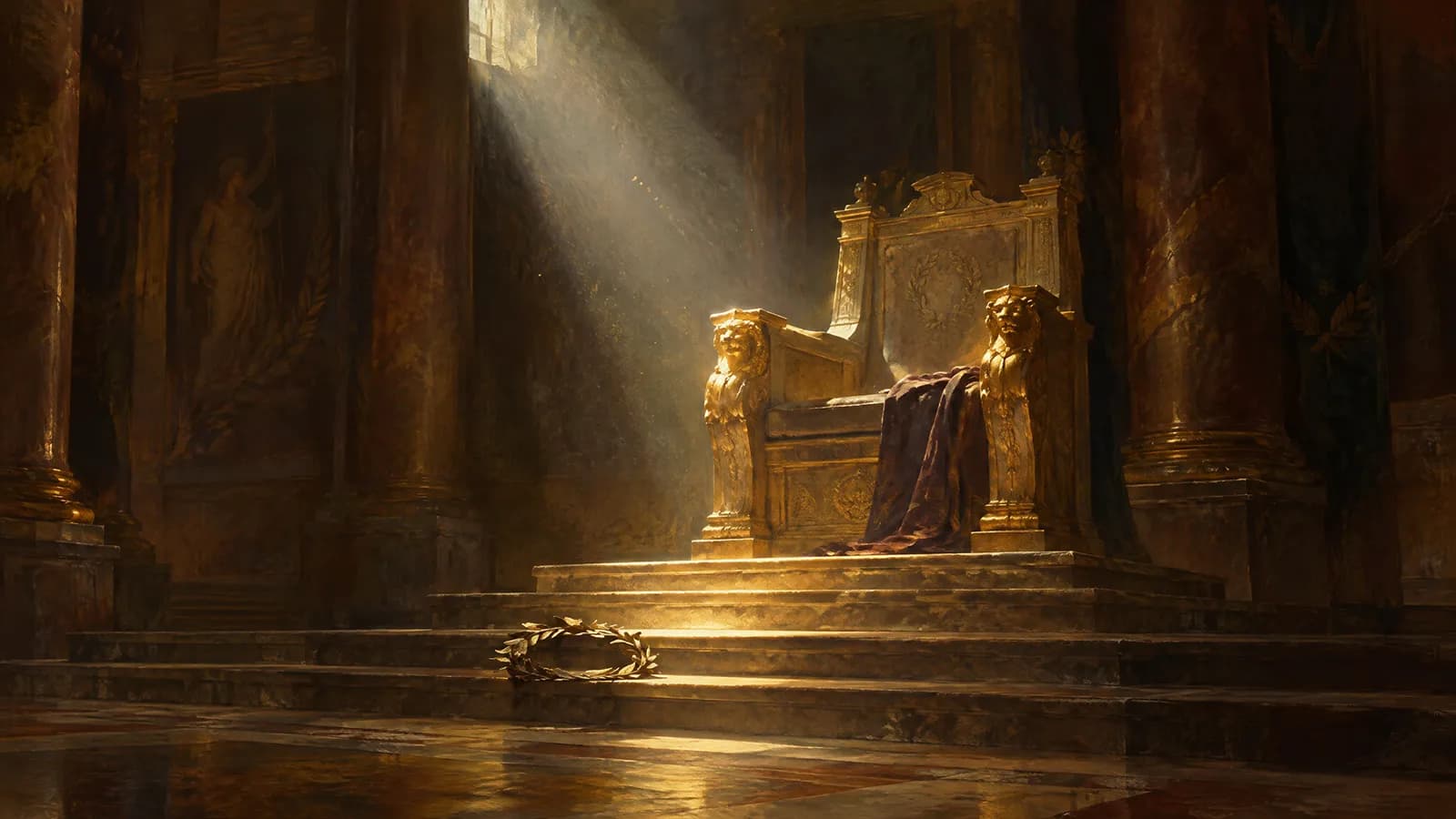 Un trône de pierre doré, vide, dans une salle en pénombre, éclairé par un mince rai de lumière tombant d’une ouverture haute