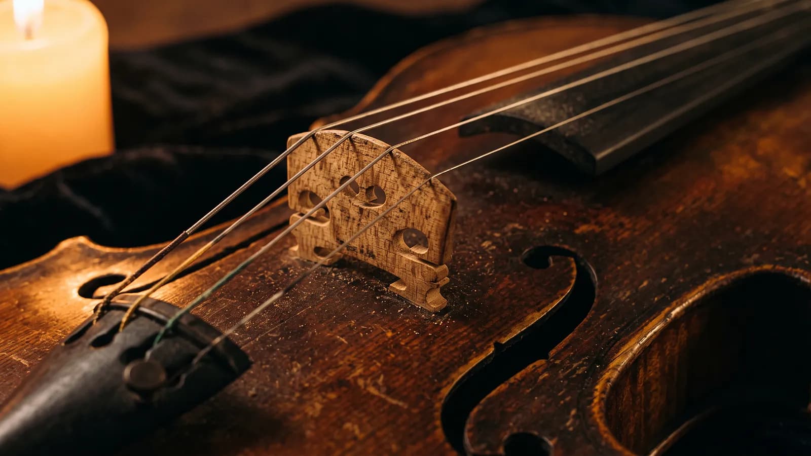 Quatre cordes d’un vieux violon passant sur le même chevalet, en lumière chaude