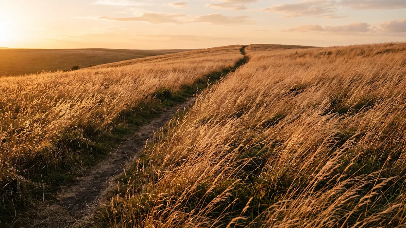Prairie couchée par le vent dans une seule direction, traversée par un sentier qui coupe en biais