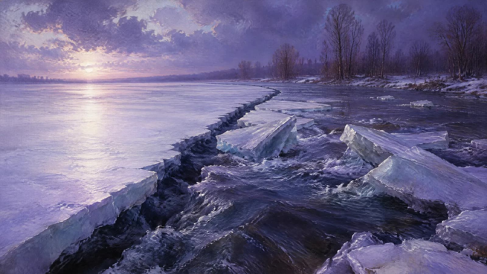 Une rivière gelée qui se fracture au dégel, la glace encore lisse d’un côté, l’eau noire courant dessous