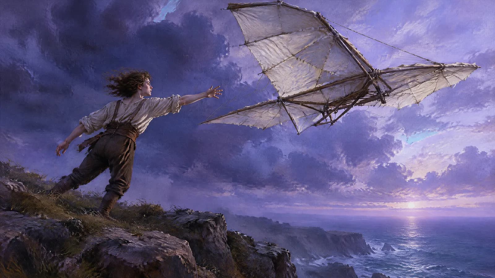 Un jeune inventeur lâchant un planeur artisanal depuis une falaise à l’aube, la machine venant de prendre le vent