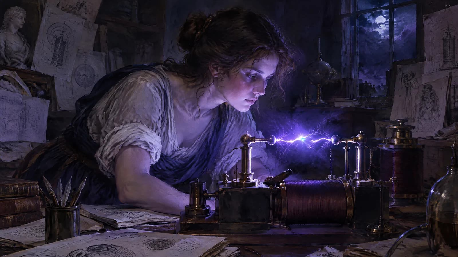 Une femme penchée sur un appareil de bobines et d’électrodes dans son laboratoire, un arc électrique violet éclairant son visage