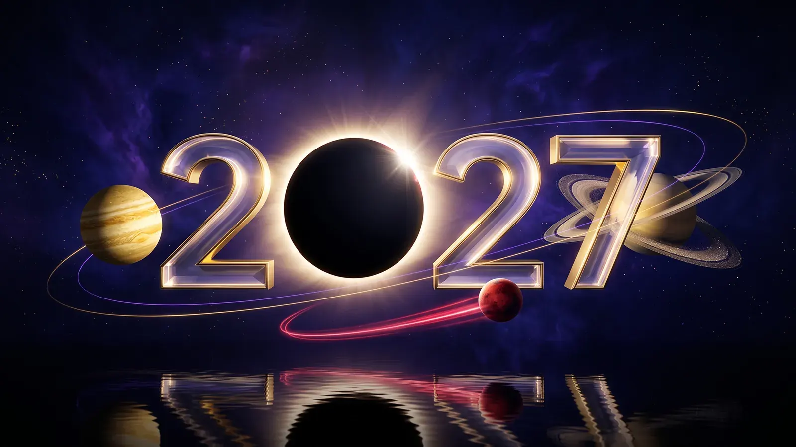 2027 en cifras de cristal y oro, con el cero formado por un eclipse total de Sol, entre Júpiter, Saturno y Marte, reflejados en agua oscura