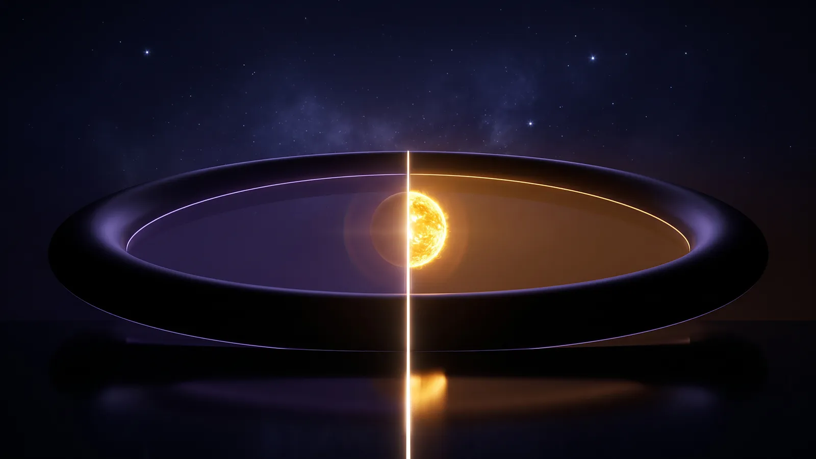 Un soleil de lumière dorée franchit une fine ligne lumineuse entre deux secteurs d’un anneau zodiacal, sur fond de nuit violette, reflété sur une surface noire