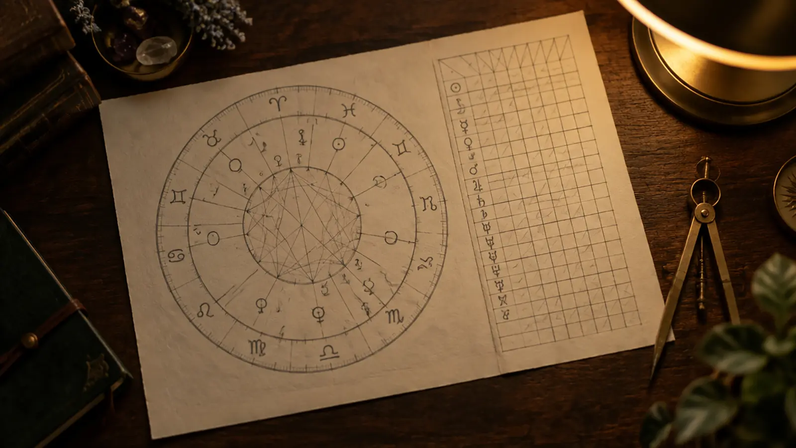 Thème astral tracé à la main au crayon, à côté d’une grille de notation vierge et d’un compas en laiton
