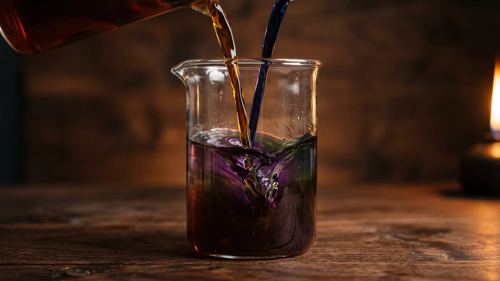 Deux liquides, ambre et indigo, versés ensemble dans un même verre et se mêlant en une couleur nouvelle