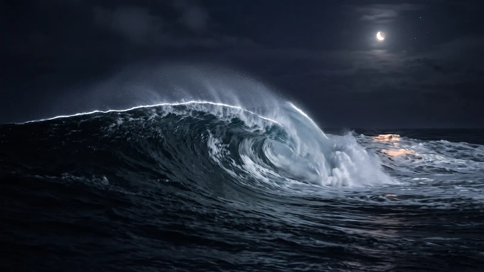 Longue vague nocturne saisie au moment où elle se forme et retombe, crête éclairée par la Lune