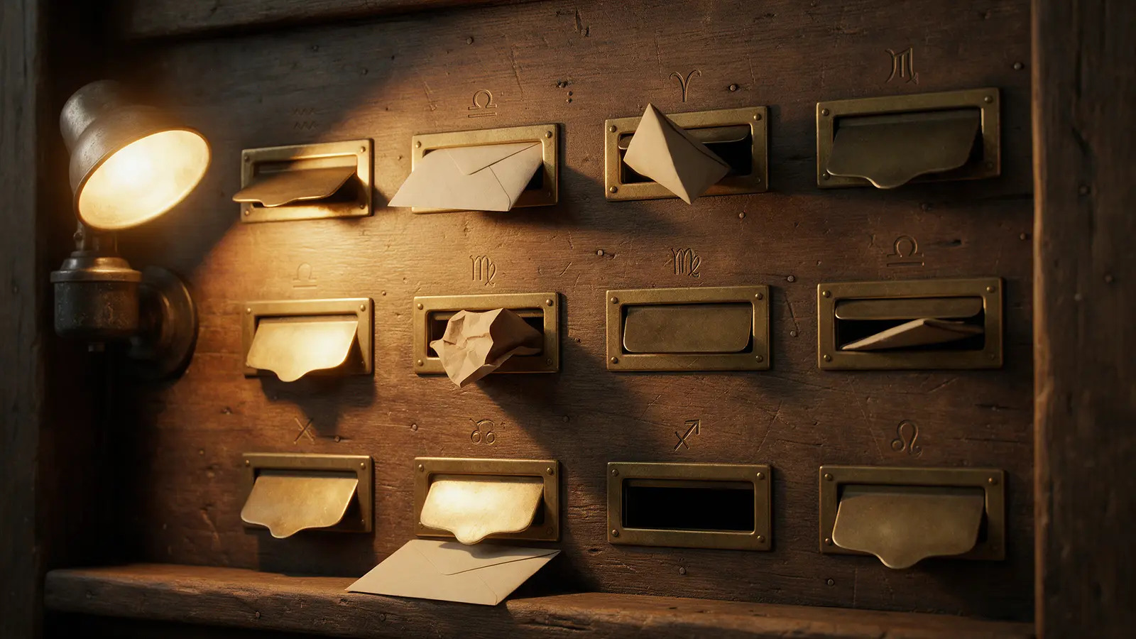 Douze fentes à lettres de laiton dans un panneau de bois ancien, chacune surmontée d’un symbole du zodiaque, avec des enveloppes à des stades différents : glissée, coincée, froissée, intacte