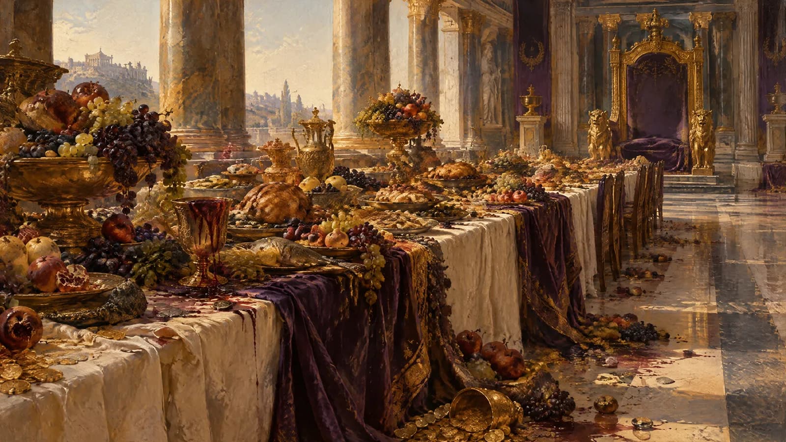 Une table de banquet démesurée et déserte, chargée de plats intacts qui débordent sur le sol
