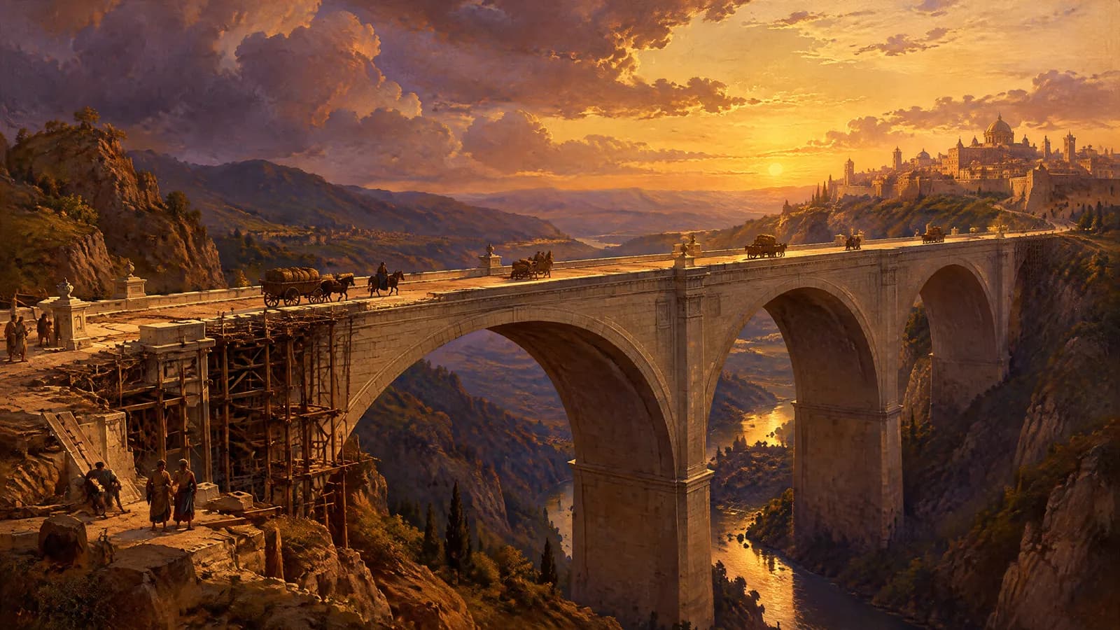 Un grand pont de pierre tout juste achevé enjambant une vallée à l’heure dorée, sa route menant vers une cité lointaine