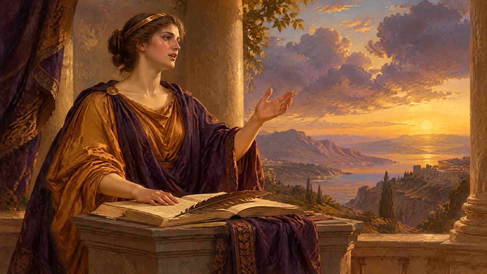 Une femme en robes ambre et pourpre devant un pupitre de pierre, un grand livre ouvert, la main levée en pleine explication