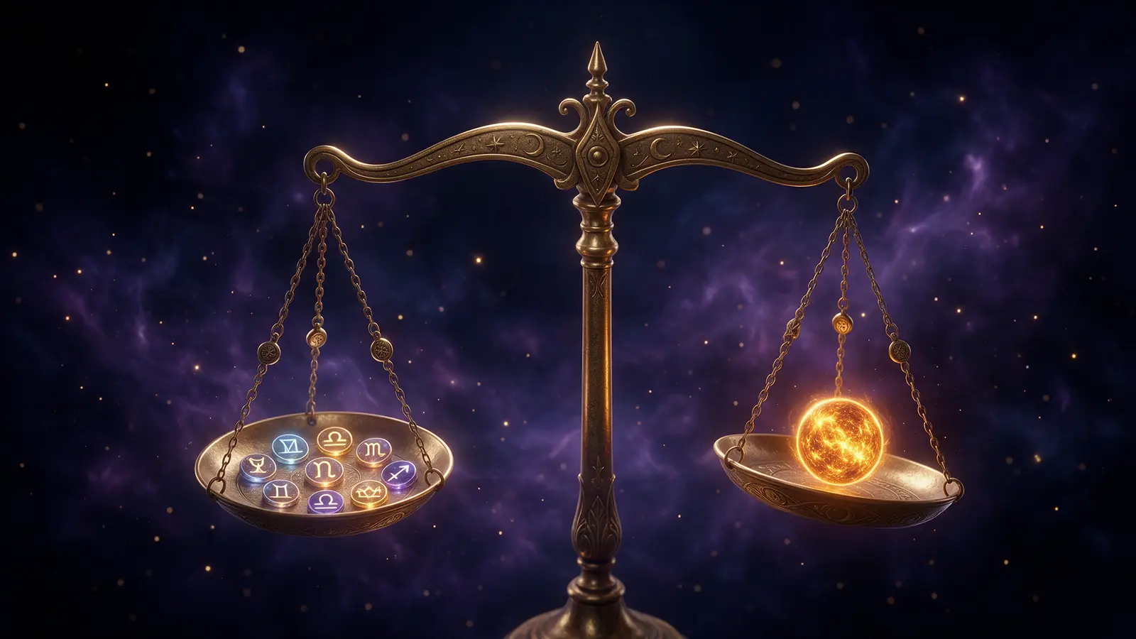 Balance ancienne pesant des symboles astrologiques lumineux, dont un astre doré nettement plus lourd que les autres