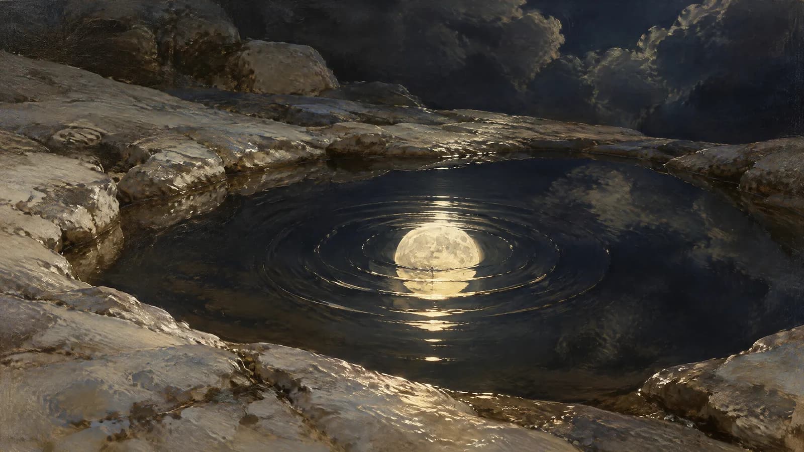 Un bassin d’eau parfaitement immobile reflétant la pleine Lune, troublé par une seule goutte dont les cercles s’élargissent