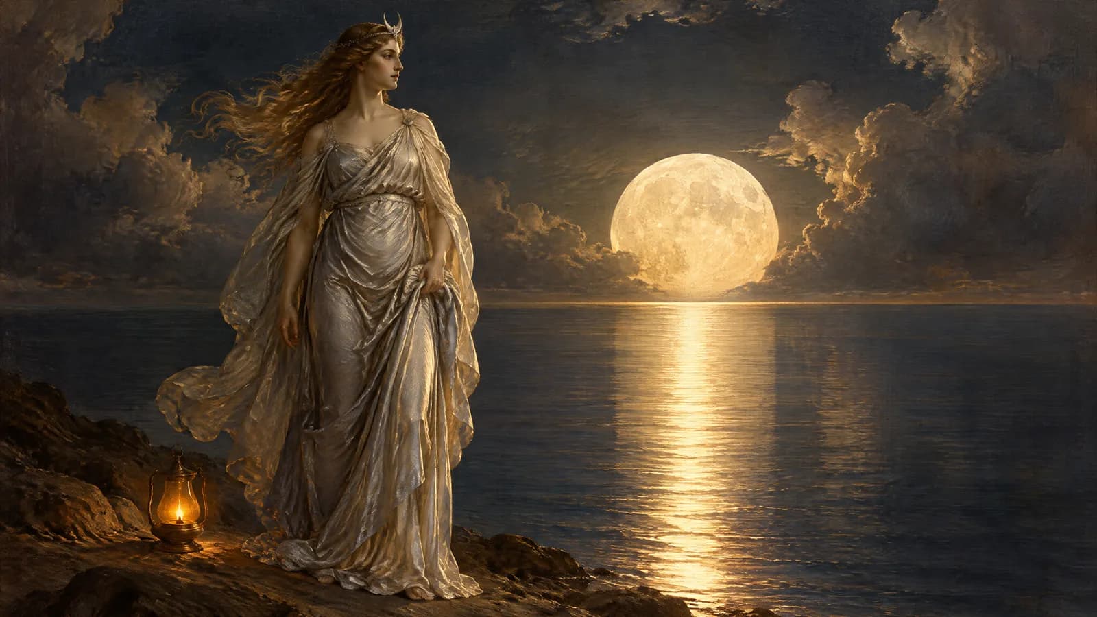 Séléné debout au bord d’une mer nocturne étale, drapée d’argent, la pleine Lune se reflétant jusqu’à ses pieds