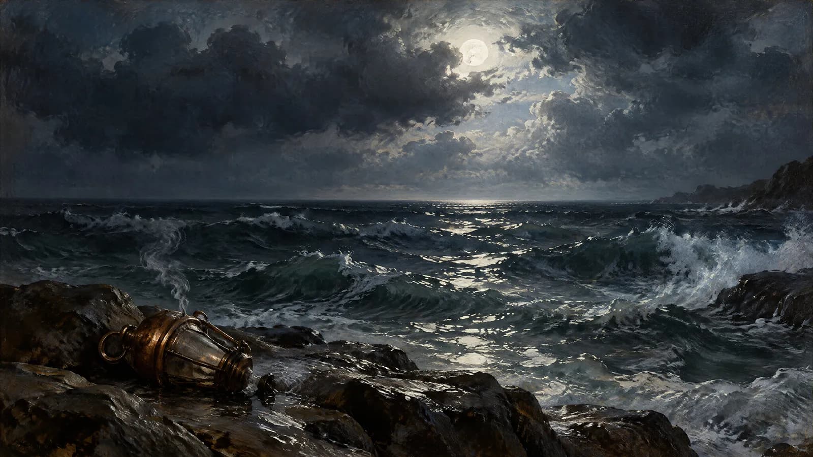 Une pleine Lune voilée par les nuages au-dessus d’une mer agitée, son reflet brisé en éclats