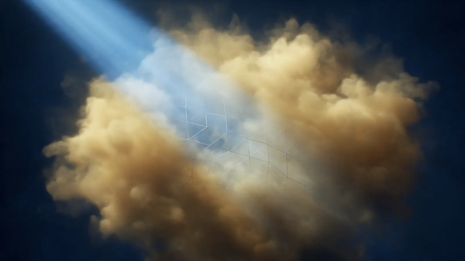 Une brume dorée dense traversée par un faisceau de lumière froide, qui révèle à l’intérieur un réseau de fils tendus parfaitement réguliers