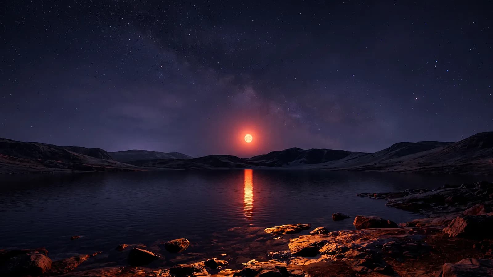 Astre rouge bas sur l’horizon traçant un chemin de lumière sur un lac sombre