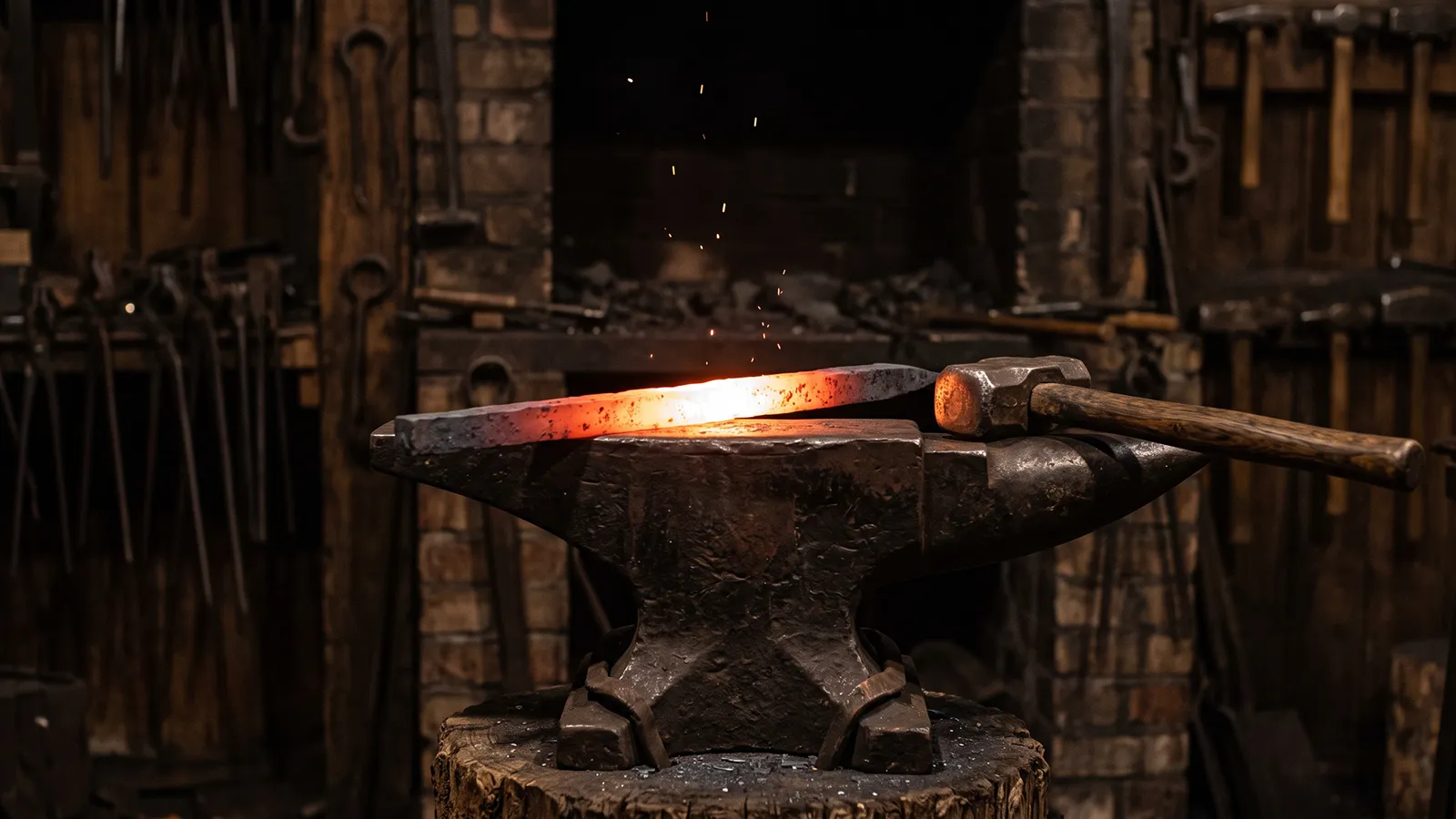 Barre de fer chauffée au rouge sur une enclume, seule source de lumière de l’atelier