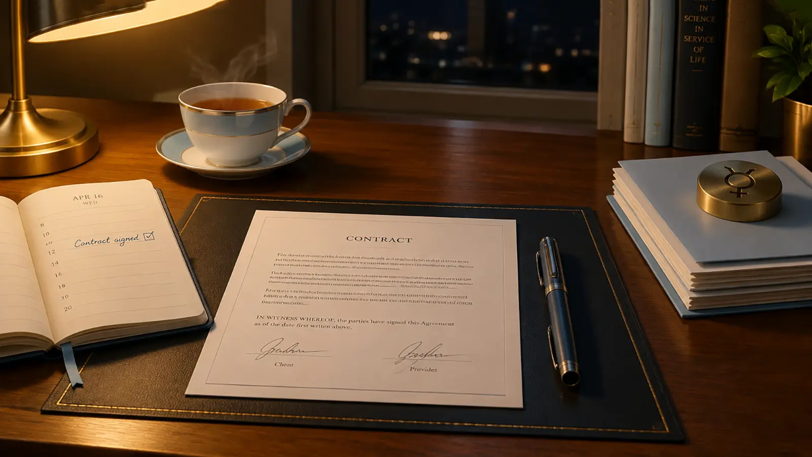 Un bureau du soir parfaitement en ordre : un contrat signé, un agenda, une tasse de thé et un presse-papier de laiton gravé du symbole de Mercure