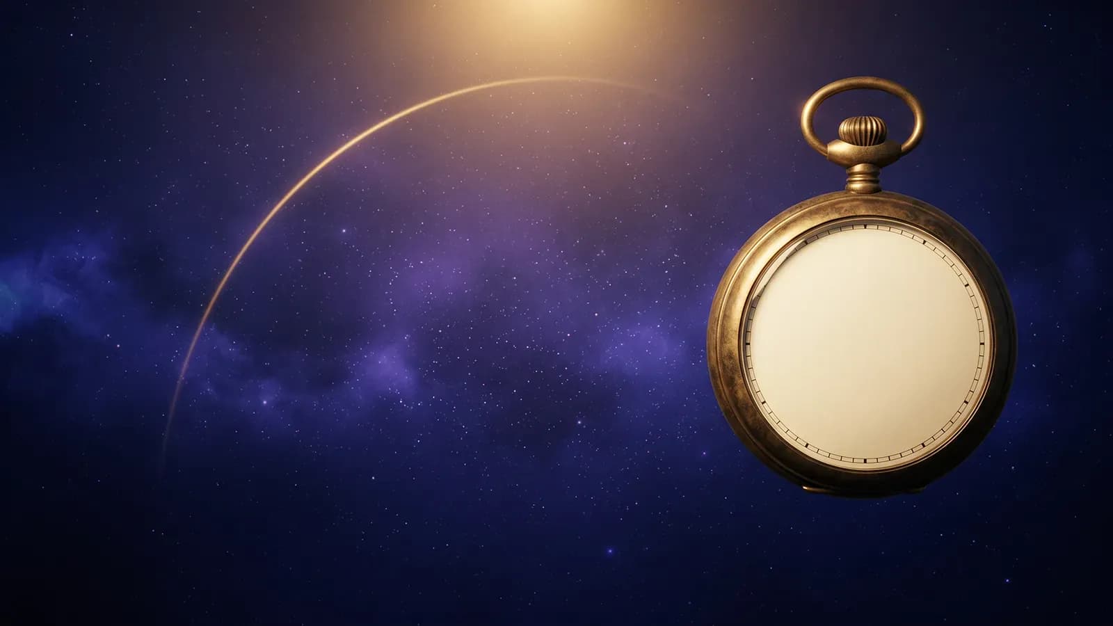 Reloj de bolsillo con la esfera vacía y sin agujas, a la derecha de un cielo añil cruzado por un arco de luz dorada