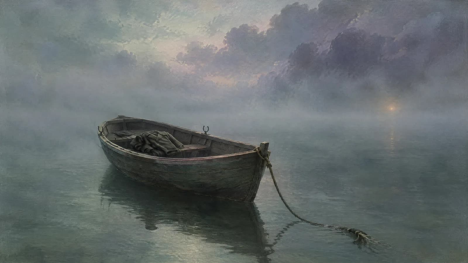 Une barque à la dérive dans un brouillard épais, les avirons manquants et l’amarre rompue traînant dans l’eau