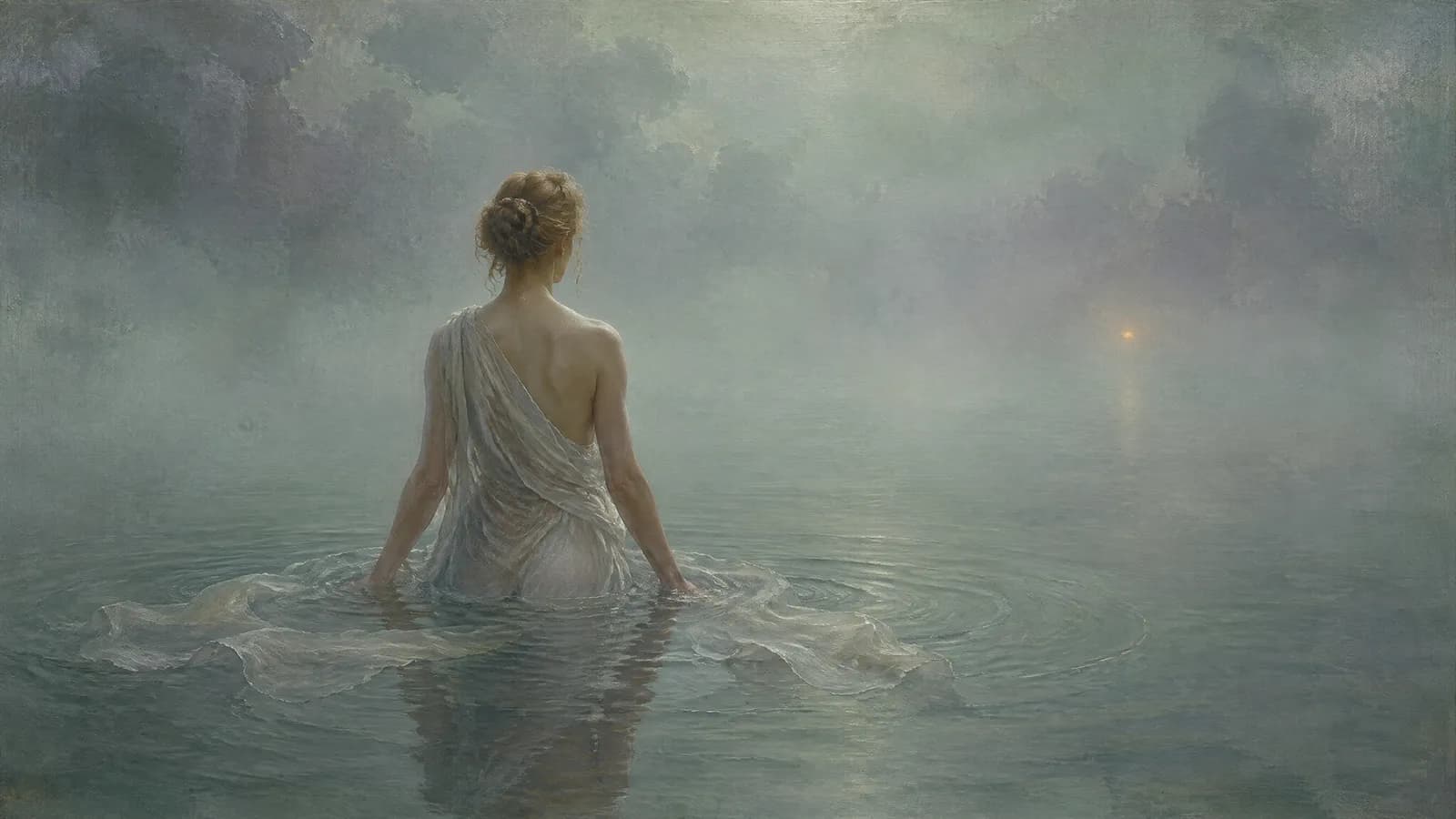 Une silhouette immobile dans une eau étale à l’aube, dans un brouillard épais où l’on ne distingue plus l’horizon