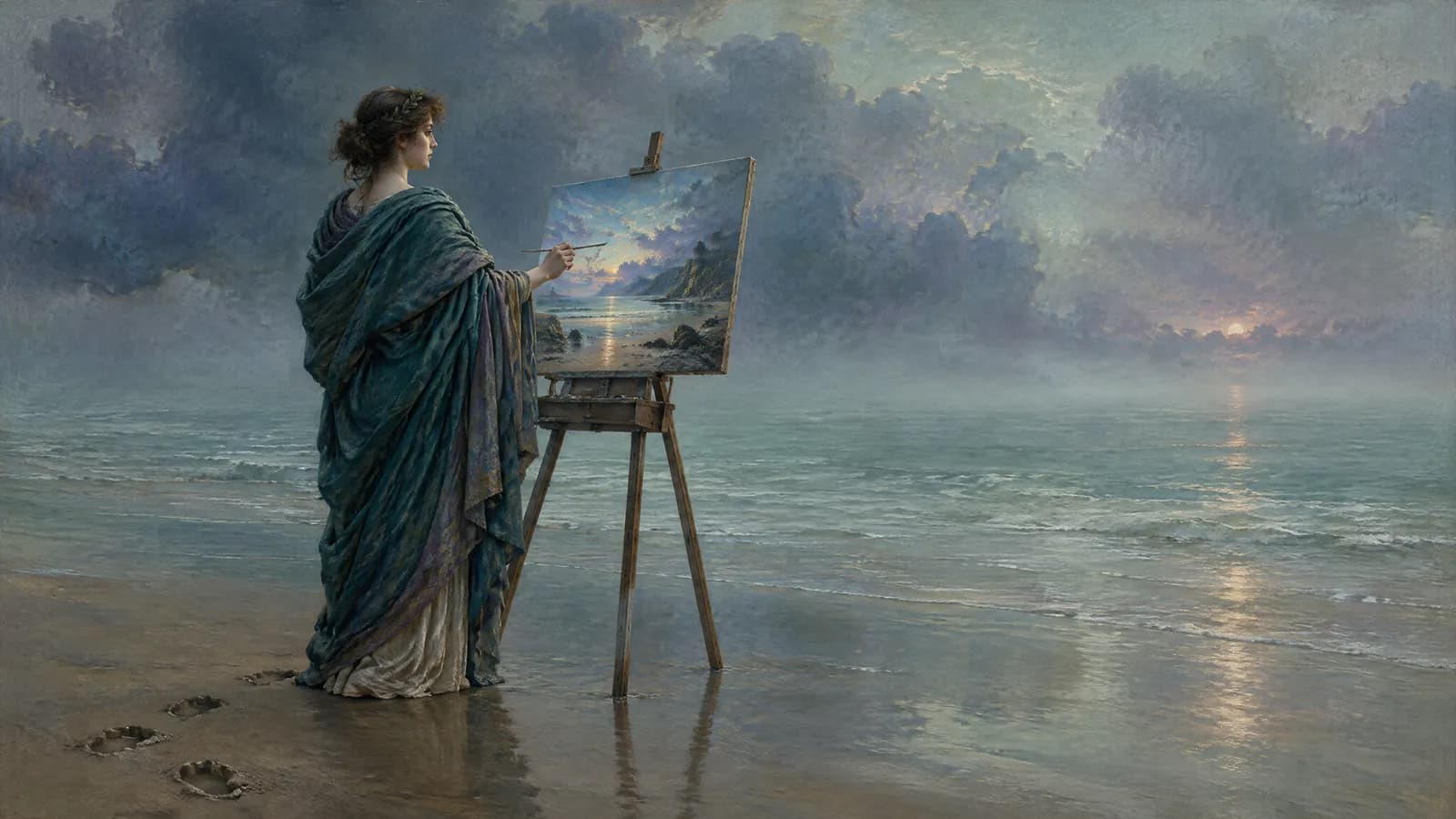 Une femme peignant au bord de l’eau au crépuscule, sa toile plus nette que la mer et le ciel confondus devant elle