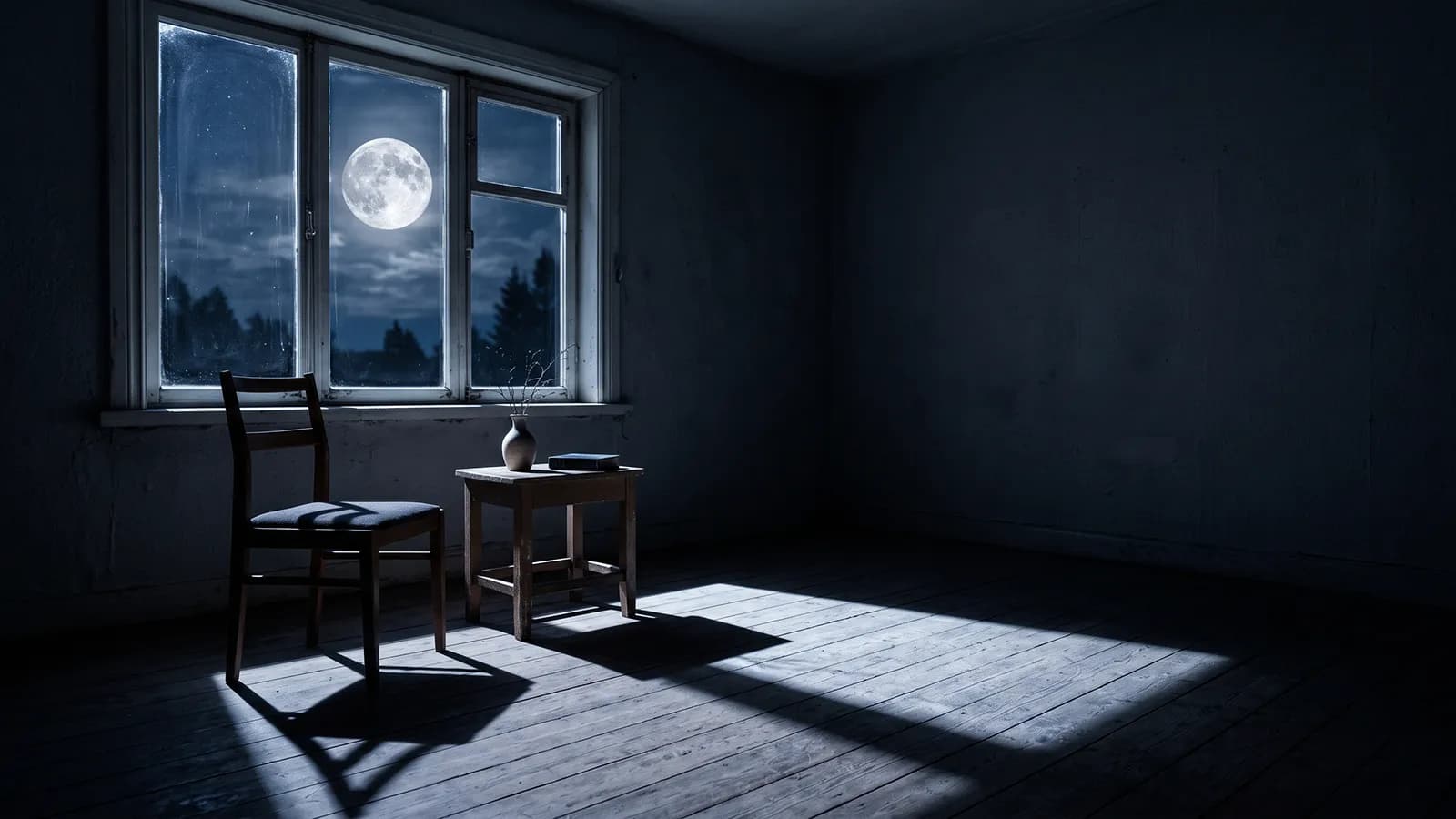 Pièce éclairée uniquement par la pleine lune entrant par la fenêtre, chaque objet projetant une ombre nette