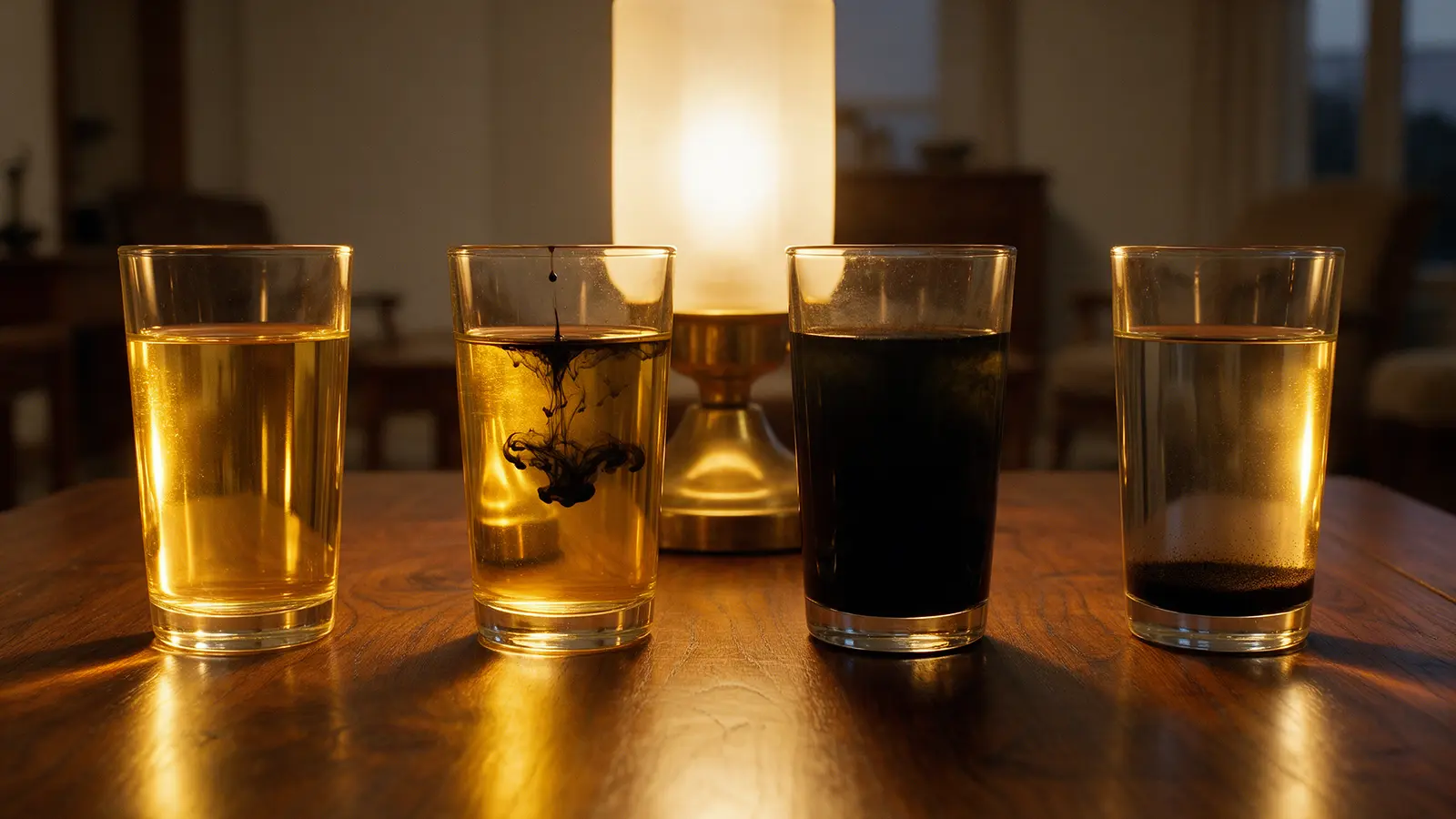 Quatre verres alignés devant une lampe : le premier limpide et doré, le deuxième recevant une goutte d’encre, le troisième entièrement noir, le quatrième redevenu clair avec un dépôt au fond