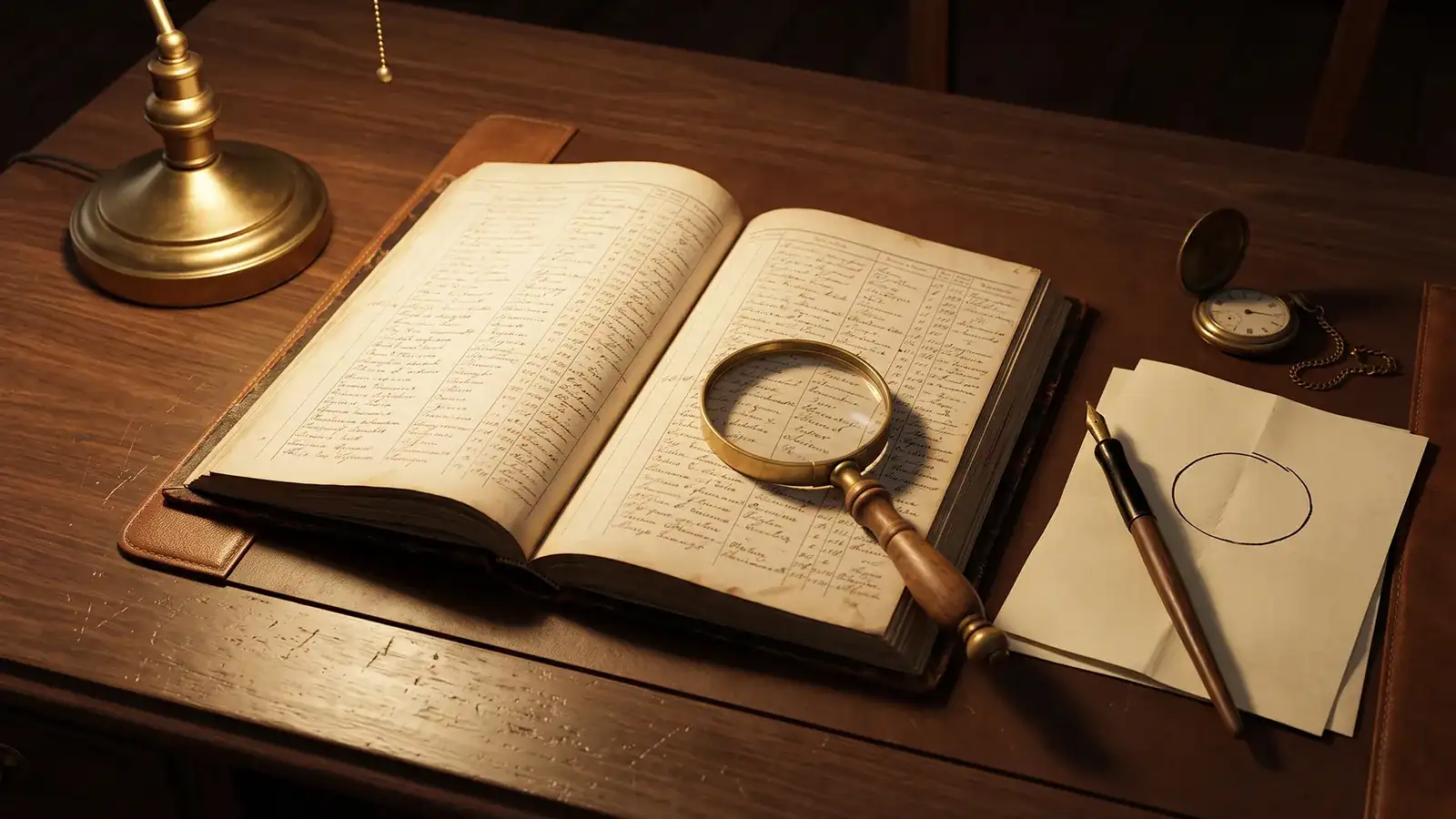 Antiguo libro de registro civil abierto sobre un escritorio de madera, con una lupa sobre una columna manuscrita, junto a una pluma estilográfica y un reloj de bolsillo
