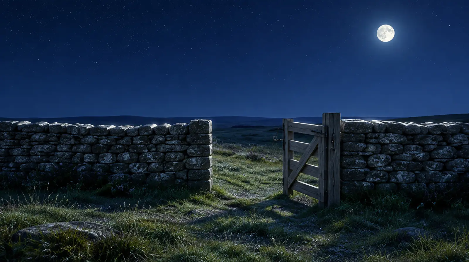 Un muret de pierre sèche sous la pleine Lune, avec un portillon de bois grand ouvert