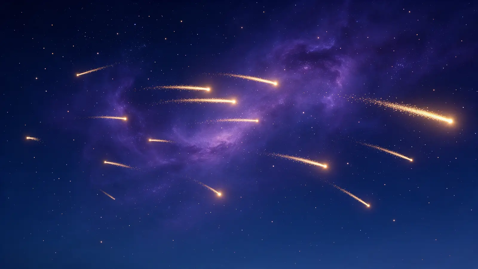 Douze petites lumières dorées traversant un ciel étoilé, chacune traînant un sillage de longueur différente