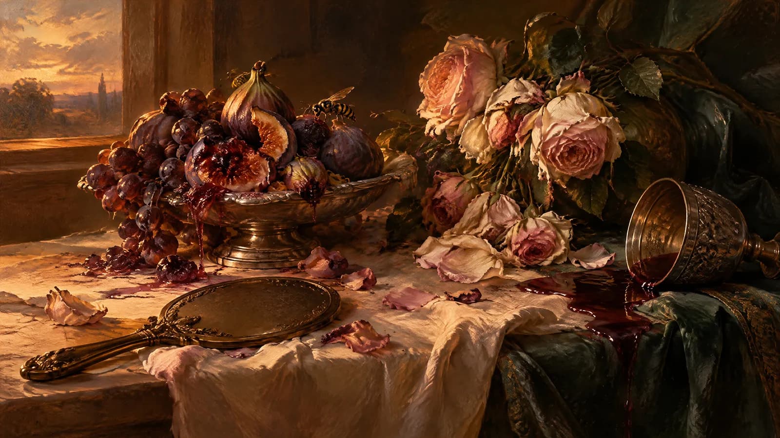 Une nature morte au crépuscule : fruits trop mûrs sur un plat d’argent, roses défaites, miroir de bronze retourné et coupe renversée