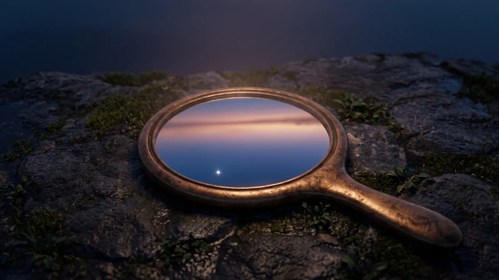 Miroir de bronze posé sur la pierre, reflétant un ciel crépusculaire et l’étoile du berger